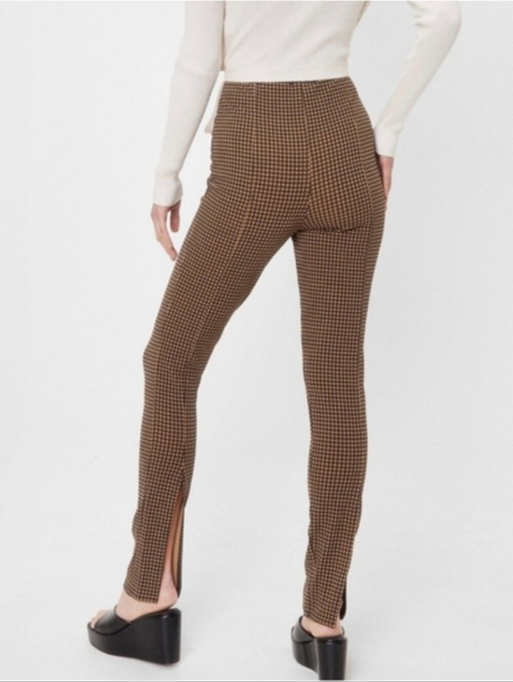 6 Nasty Gal Brown Houndstooth Split Leg Pull On High Waist Pants